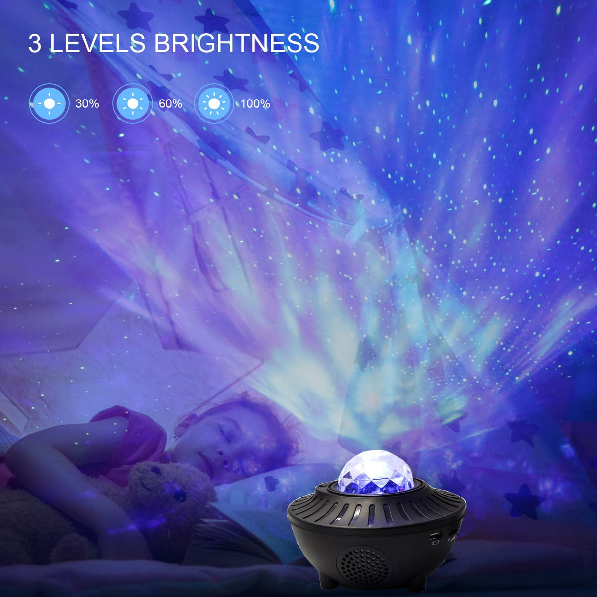 LED Bluetooth music projector light casting colorful patterns on a room wall