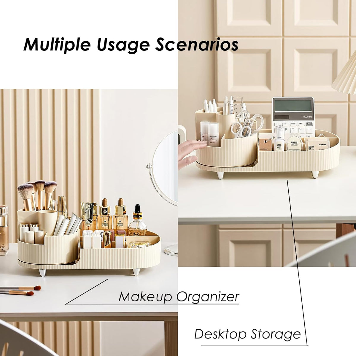 Rotating countertop makeup organizer with large-capacity cosmetic storage and makeup brush holder