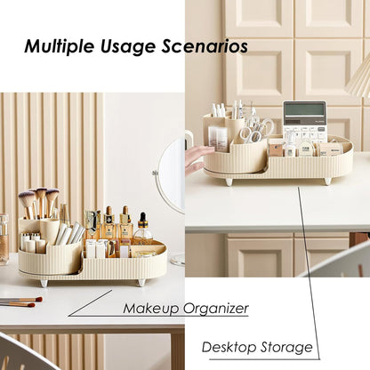 Rotating countertop makeup organizer with large-capacity cosmetic storage and makeup brush holder
