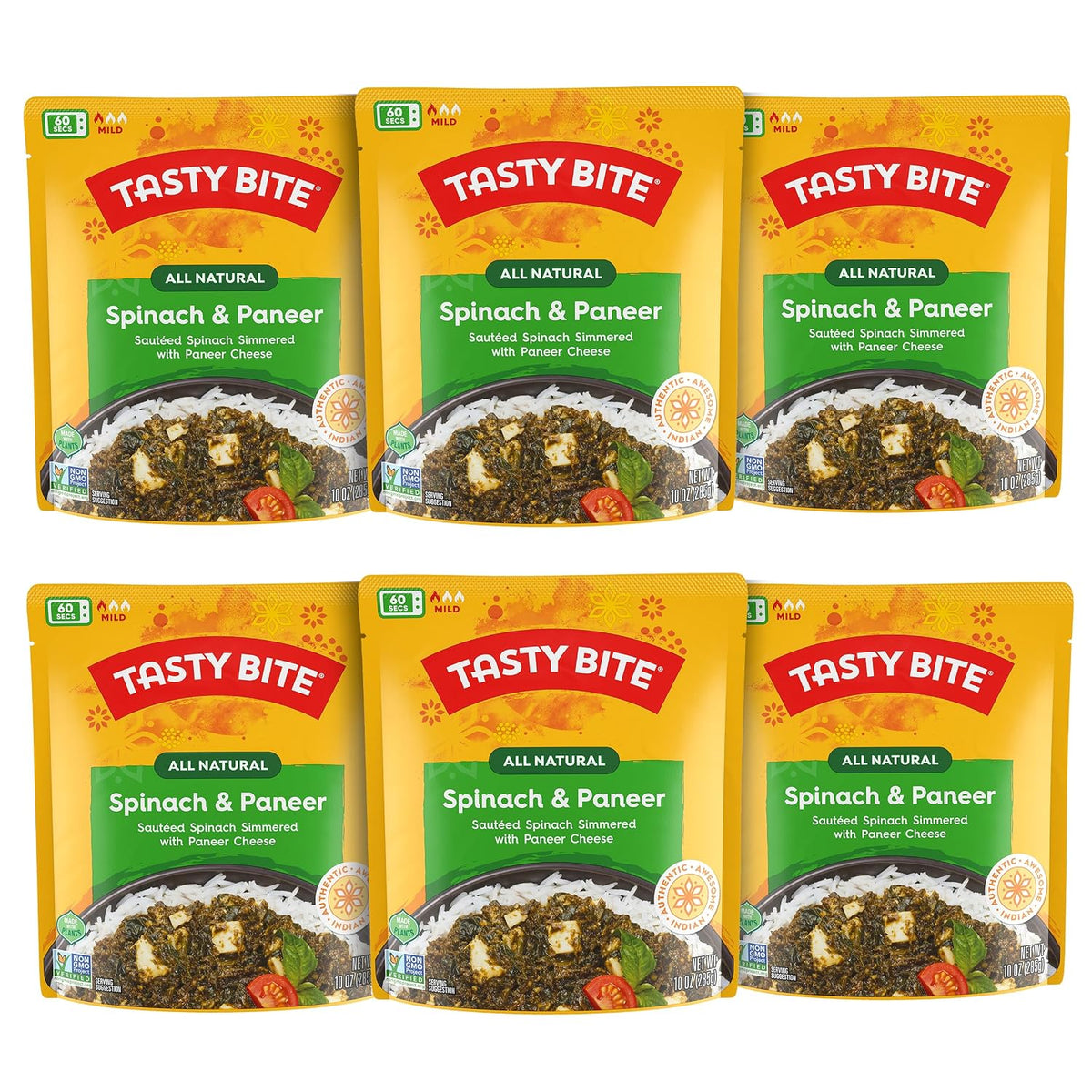 Microwaveable BACKUPMYFILESNOW® Indian Bombay Potatoes ready-to-eat entree in 10 oz pack, packaged in a six-pack.