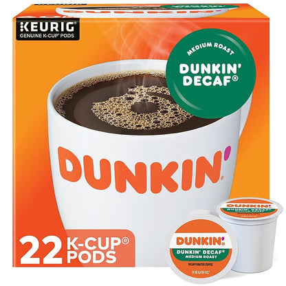 KupofK Coffee Dunkin Decaf Medium Roast Coffee K-Cup Pods for Keurig brewers, shown in a box of single serve coffee pods.