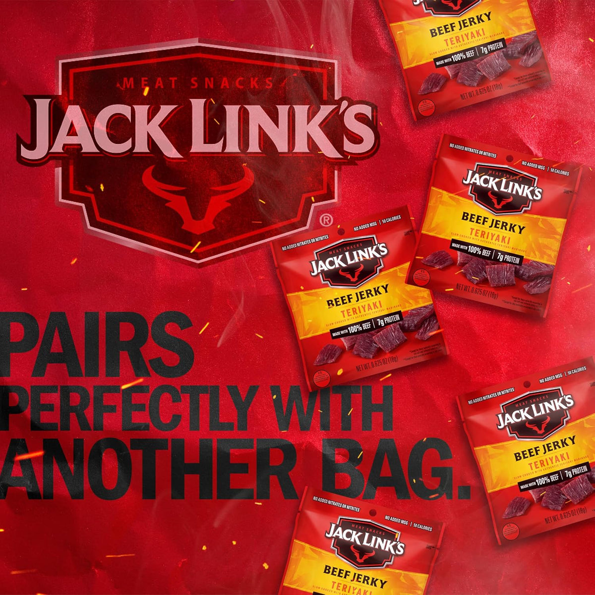 Jack Link's Teriyaki Beef Jerky Multipack, 5 individual 0.625 oz packs, with savory teriyaki flavor and beef jerky texture.