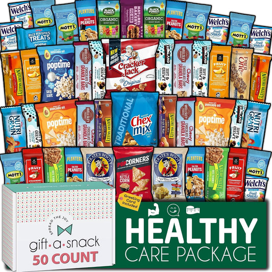 Nut Cravings healthy snack box variety pack with assorted snacks and a 60-count greeting card for gift-giving.