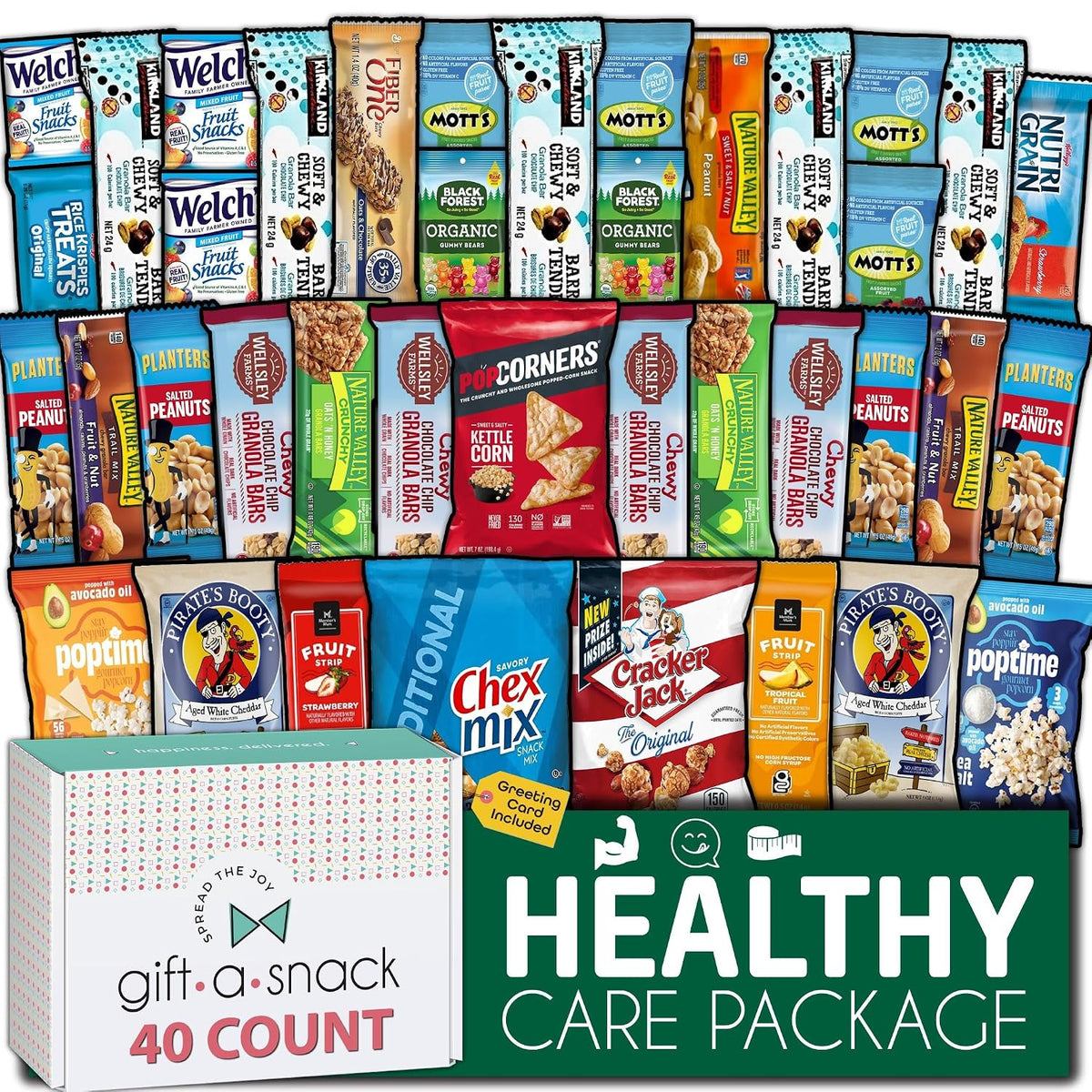 Nut Cravings gift box with a variety of healthy snacks and a 60-count greeting card for care packages or gifts.