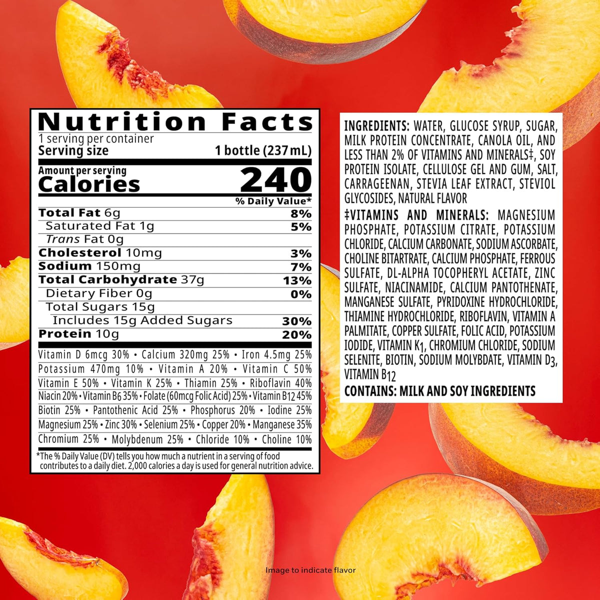 BOOST Original Nutritional Shake in Peaches & Crème flavor, ready-to-drink bottles arranged in a 24-pack.