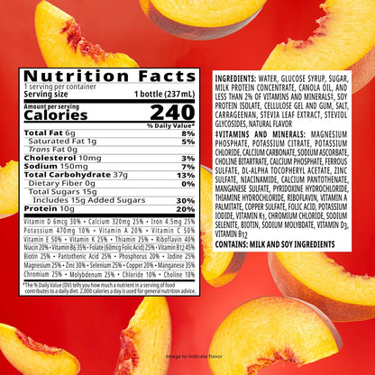 BOOST Original Nutritional Shake in Peaches & Crème flavor, ready-to-drink bottles arranged in a 24-pack.