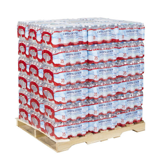 Crystal Geyser bottled spring water, 16.9 fl oz, pack of 35, clear water in transparent plastic bottles on a white background.