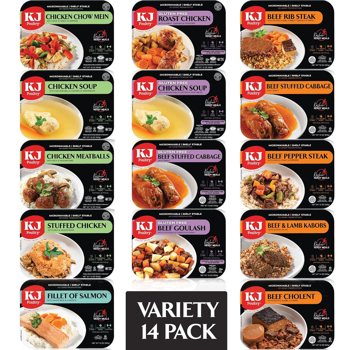 KJ Poultry Kosher ready microwave meals with chicken, beef, and salmon in a 14-pack variety, fully cooked and shelf stable for travel.