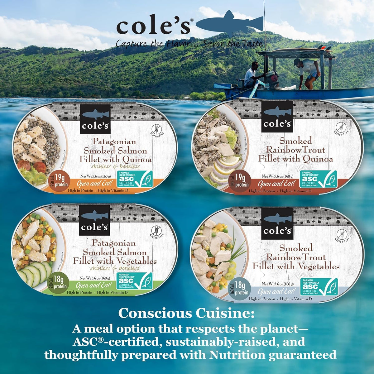 Cole’s Ready to Eat Meals variety pack featuring smoked salmon, trout, quinoa, and vegetables in five 5.6 oz cans.