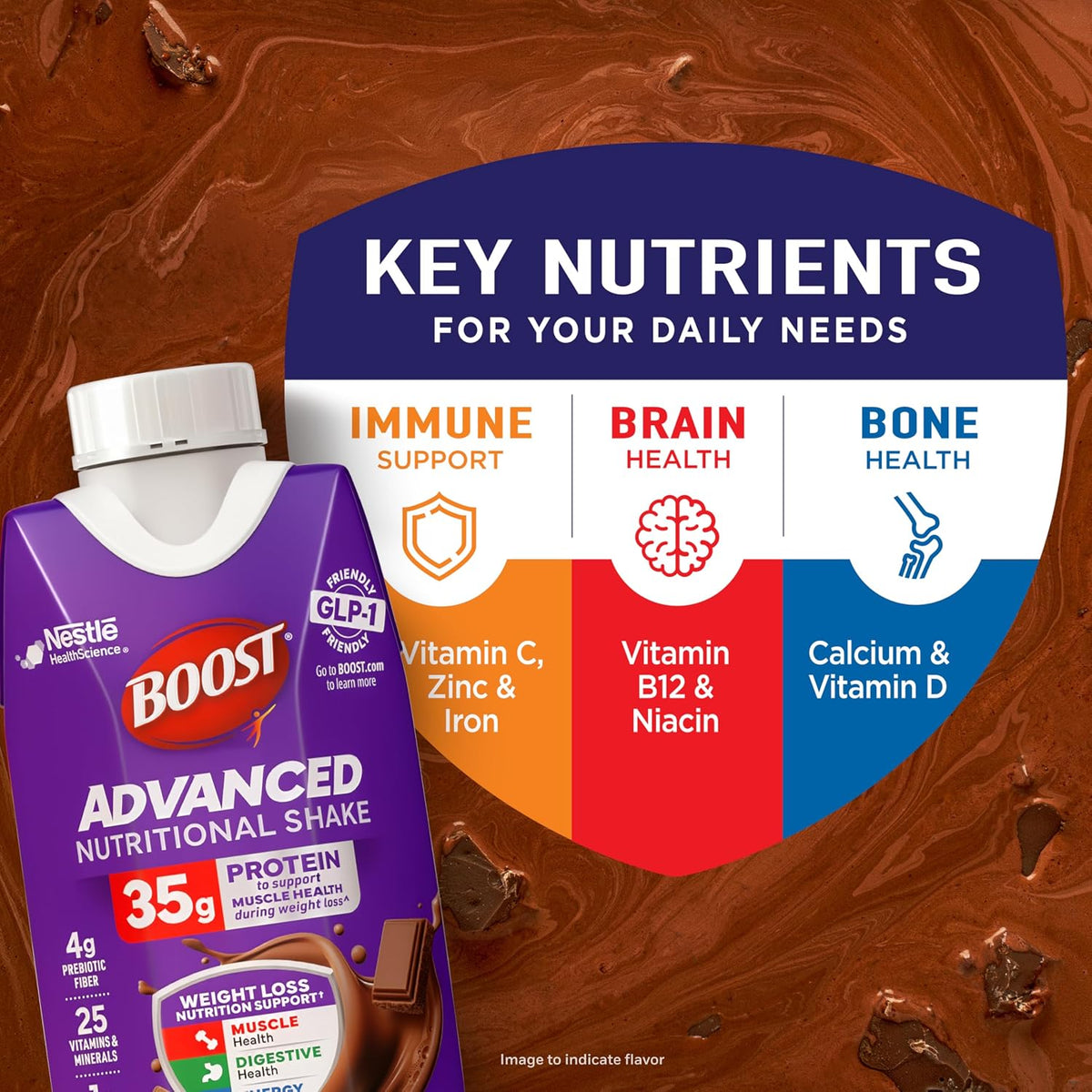 Boost Advanced Nutritional Protein Shake in chocolate flavor, 12-11 fl oz cartons, showing the shake poured into a glass with chocolate color.