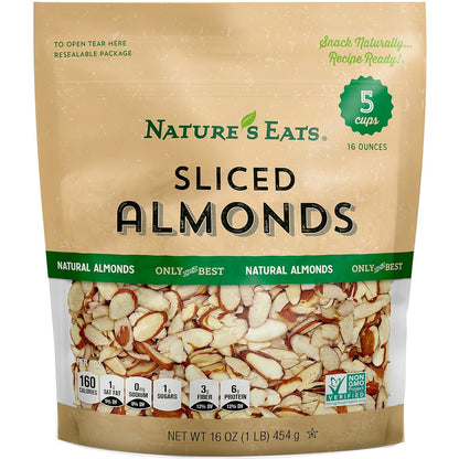 Natural sliced almonds from Nature’s Eats in a resealable bag, perfect for baking, salads, granola, and snacks.