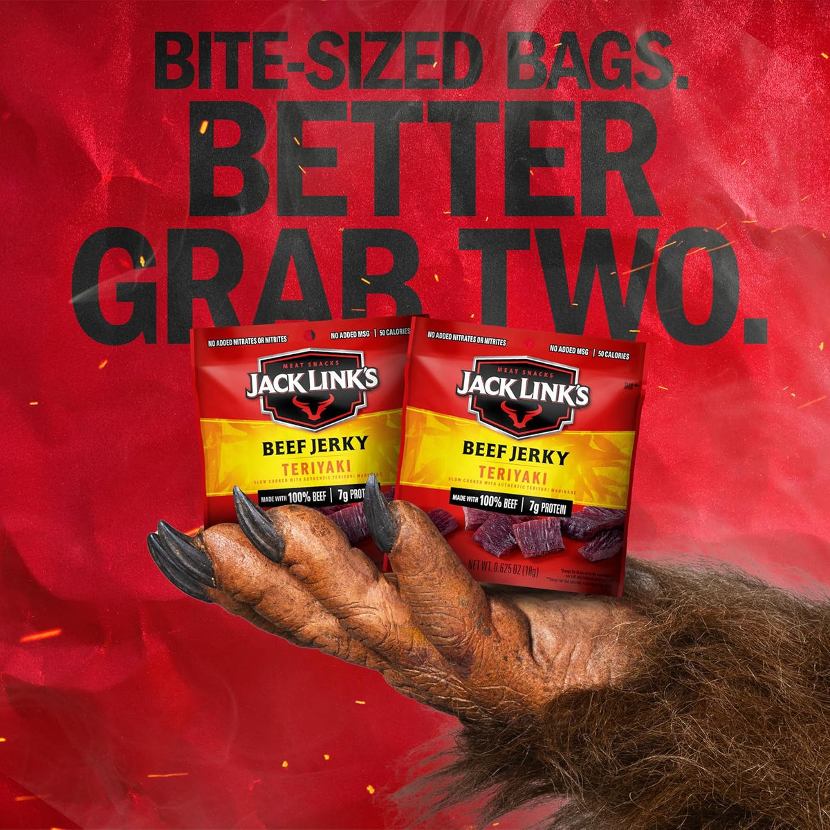Jack Link's teriyaki beef jerky multipack with five 0.625 oz packs, showcasing savory, glazed beef jerky in clear packaging.