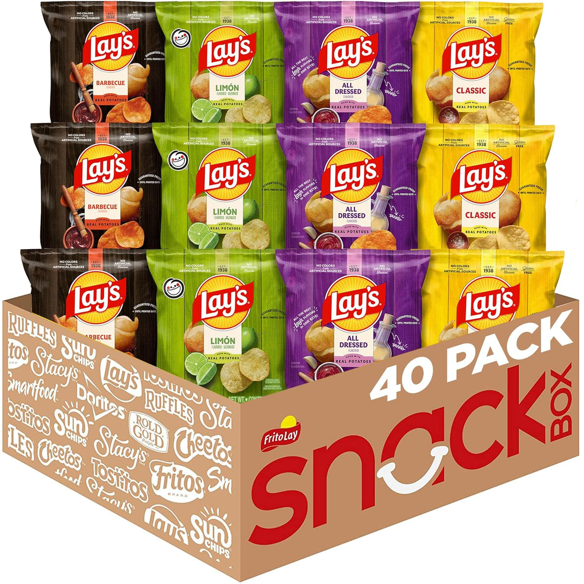 Assorted Lay's potato chips in 1 oz single serve bags from the 4 flavor variety pack, showing colorful chip packaging.