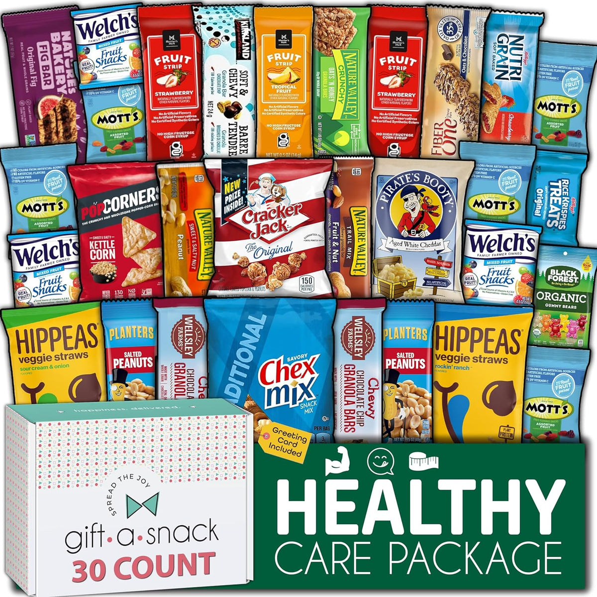 Nut Cravings healthy snack box variety pack with assorted snacks and a 60-count greeting card for gift-giving.