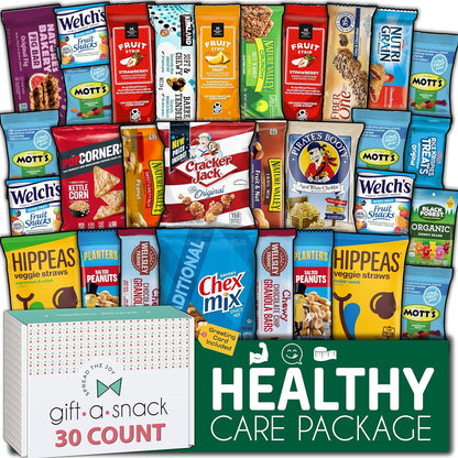 Nut Cravings healthy snack box variety pack with assorted snacks and a 60-count greeting card for gift-giving.