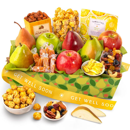 Fresh fruit gift basket by A Gift Inside featuring pears, apples, mixed fruit, nuts, and sweet snacks in a colorful box.