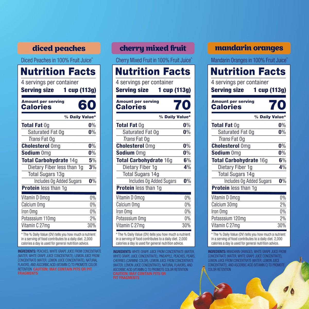 Dole fruit snack cups with diced peaches, mandarin oranges, and cherry mixed fruit in 4 oz containers, 12-pack.