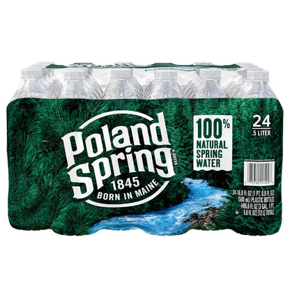 Poland Spring half pint natural spring water bottles in a 12-pack, showing clear bottles filled with pure spring water.