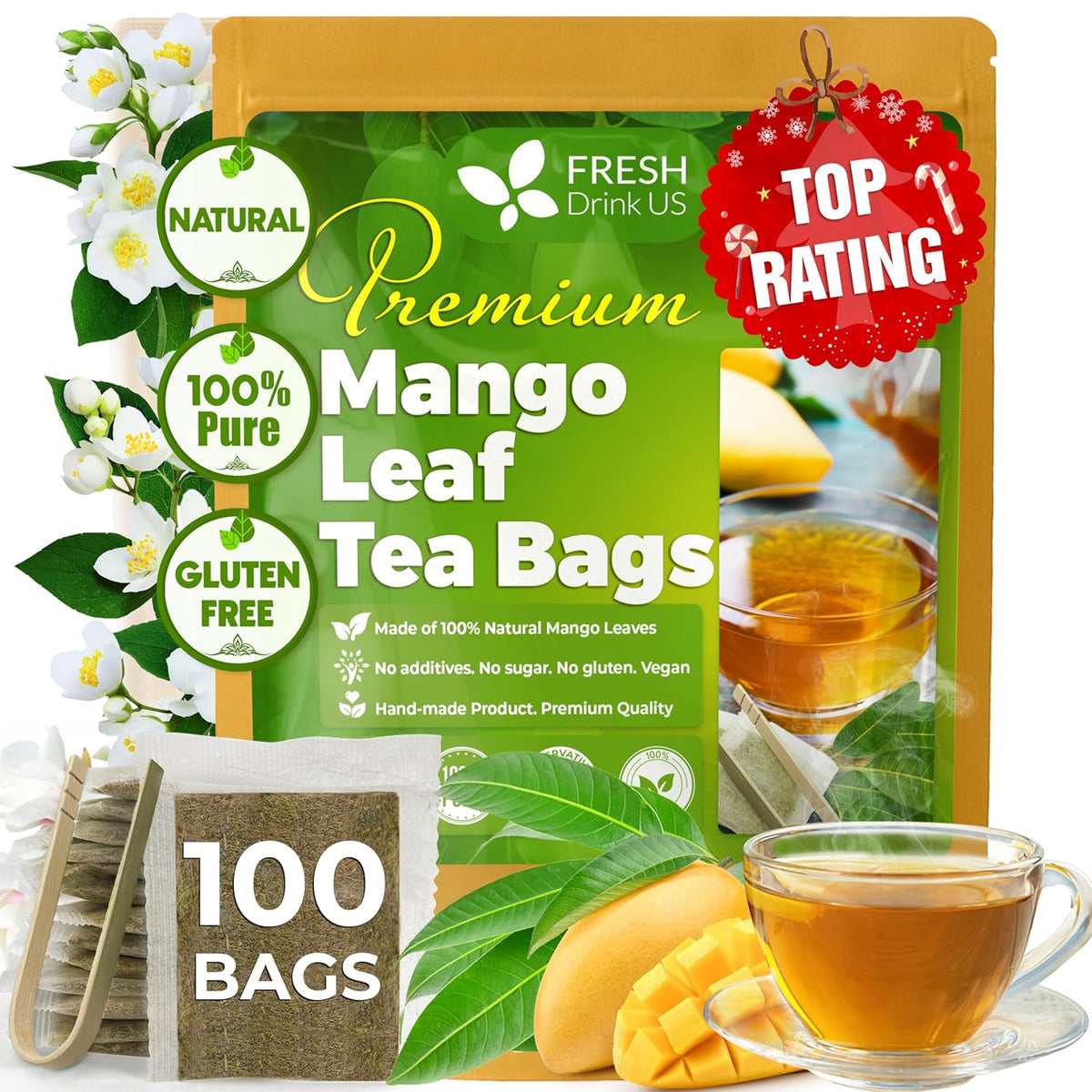 Whole dried mango leaves and herbal tea bags from FreshDrinkUS, natural mango leaf tea with no sugar, caffeine, or gluten.