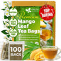 Whole dried mango leaves and herbal tea bags from FreshDrinkUS, natural mango leaf tea with no sugar, caffeine, or gluten.