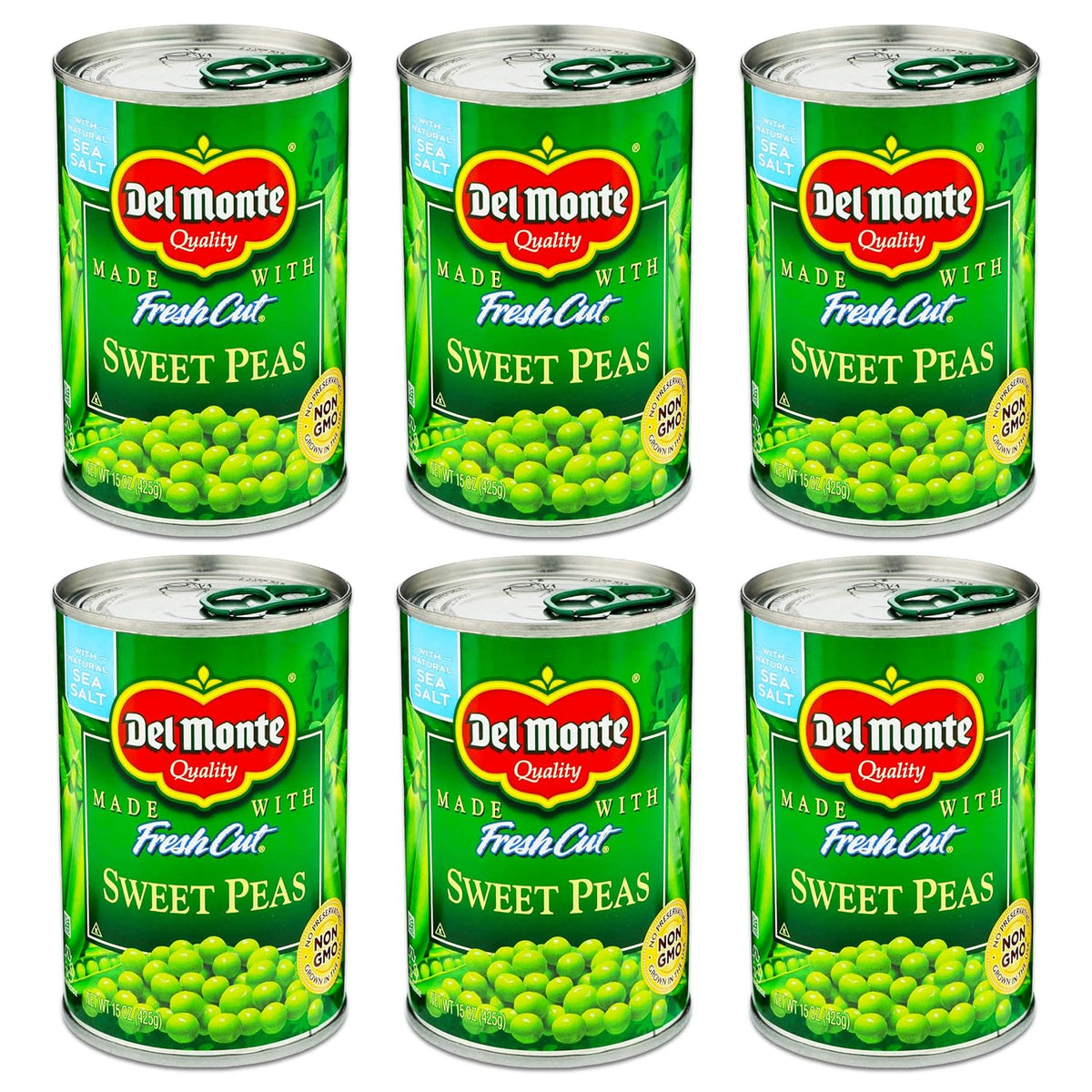 Canned Del Monte sweet peas in 15-ounce cans, fresh cut green peas in a pack of four, showing bright green peas inside each can.