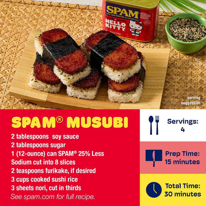 Canned SPAM with 25% less sodium, 12 oz, shelf-stable spiced meat product in a can, suitable for protein-rich meals.
