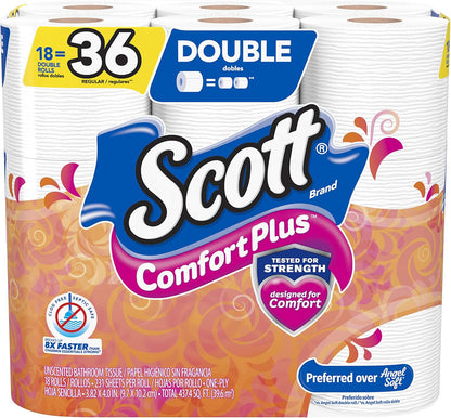 Scott ComfortPlus toilet paper, 12 triple rolls with 231 sheets per roll, septic-safe, 1-ply tissue in a soft, absorbent design.
