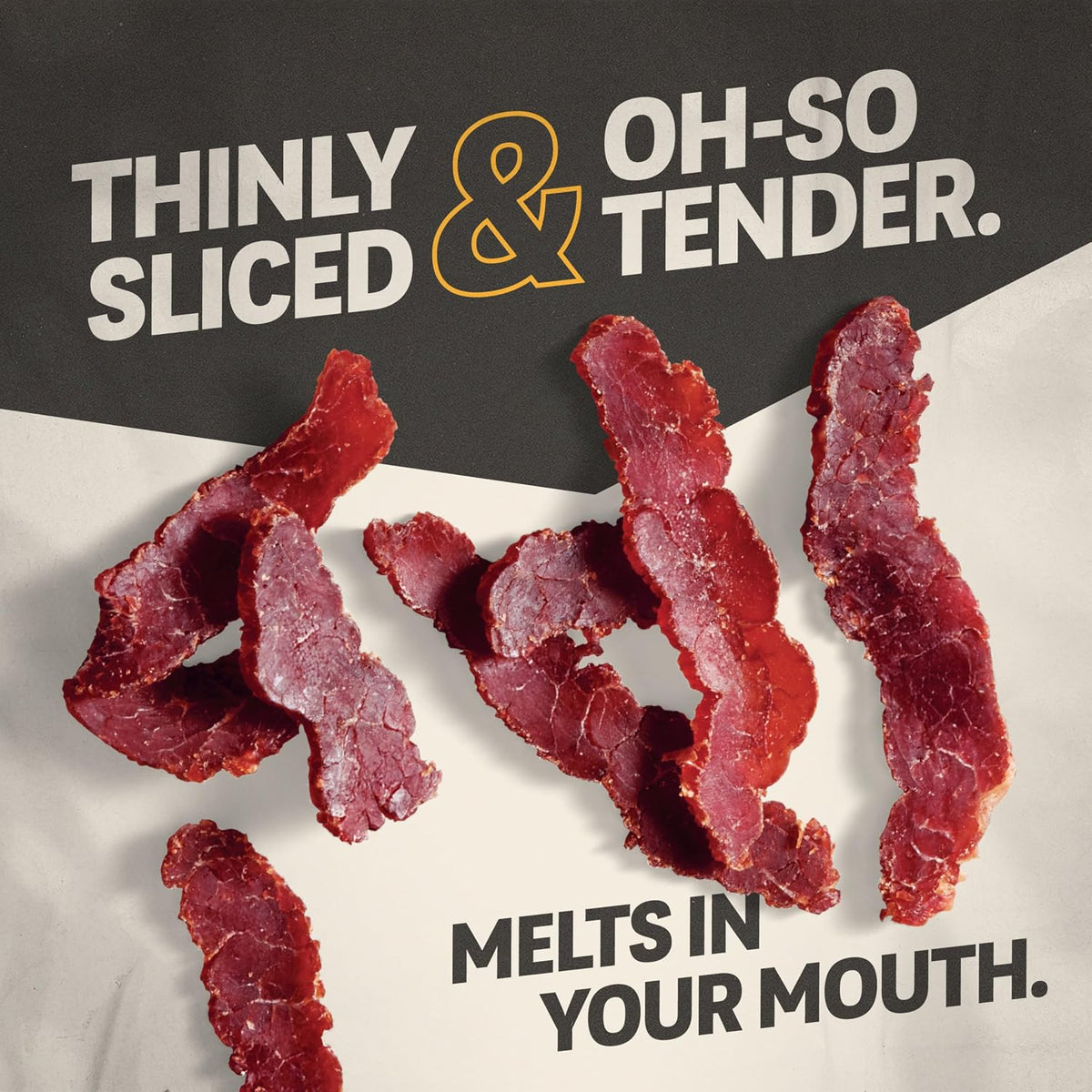Jack Link's beef jerky steak slices in original and hickory smoked flavors, 4-pack, 2 oz each, showing beef jerky pieces on a wooden surface.