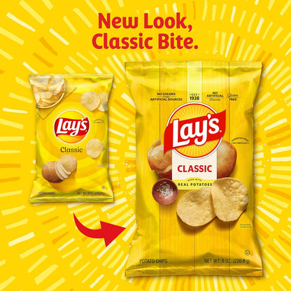 Lay's Classic potato chips in a 10-count pack, crispy, golden snack with ridged texture, branded Lay's snack food.