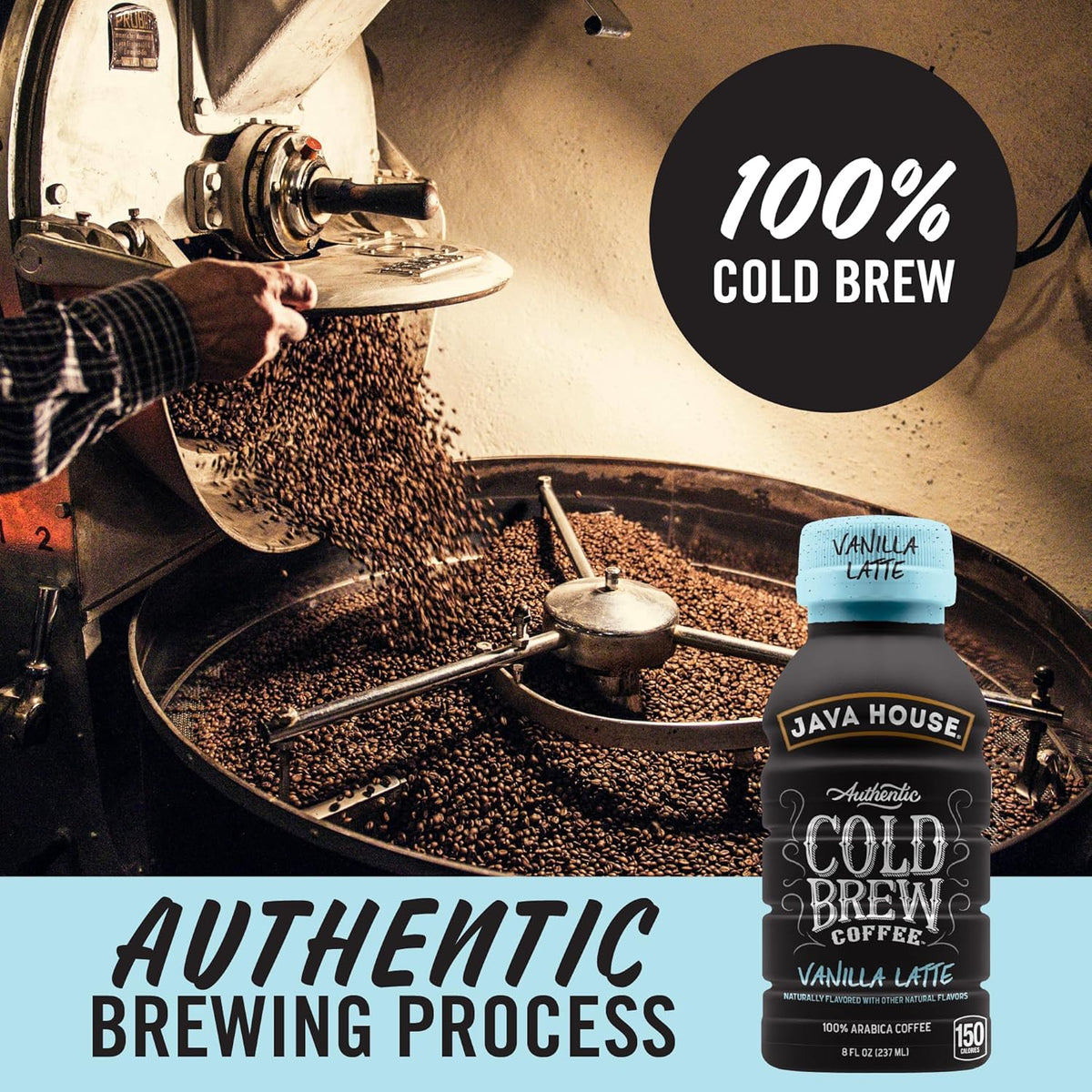 Java House Cold Brew 8oz bottles with French Vanilla Latte flavor, showing the bottled beverage with branding on the label.