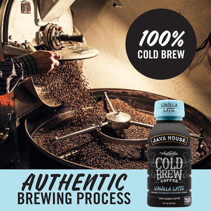 Java House Cold Brew 8oz bottles with French Vanilla Latte flavor, showing the bottled beverage with branding on the label.