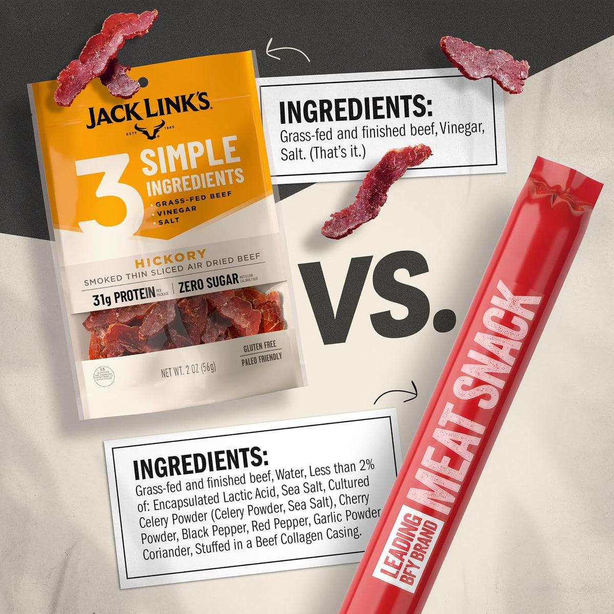 Jack Link's beef jerky slices in original and hickory smoked flavors, 2 oz packs, displayed in a 4-pack set.