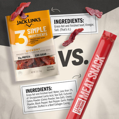 Jack Link's beef jerky slices in original and hickory smoked flavors, 2 oz packs, displayed in a 4-pack set.