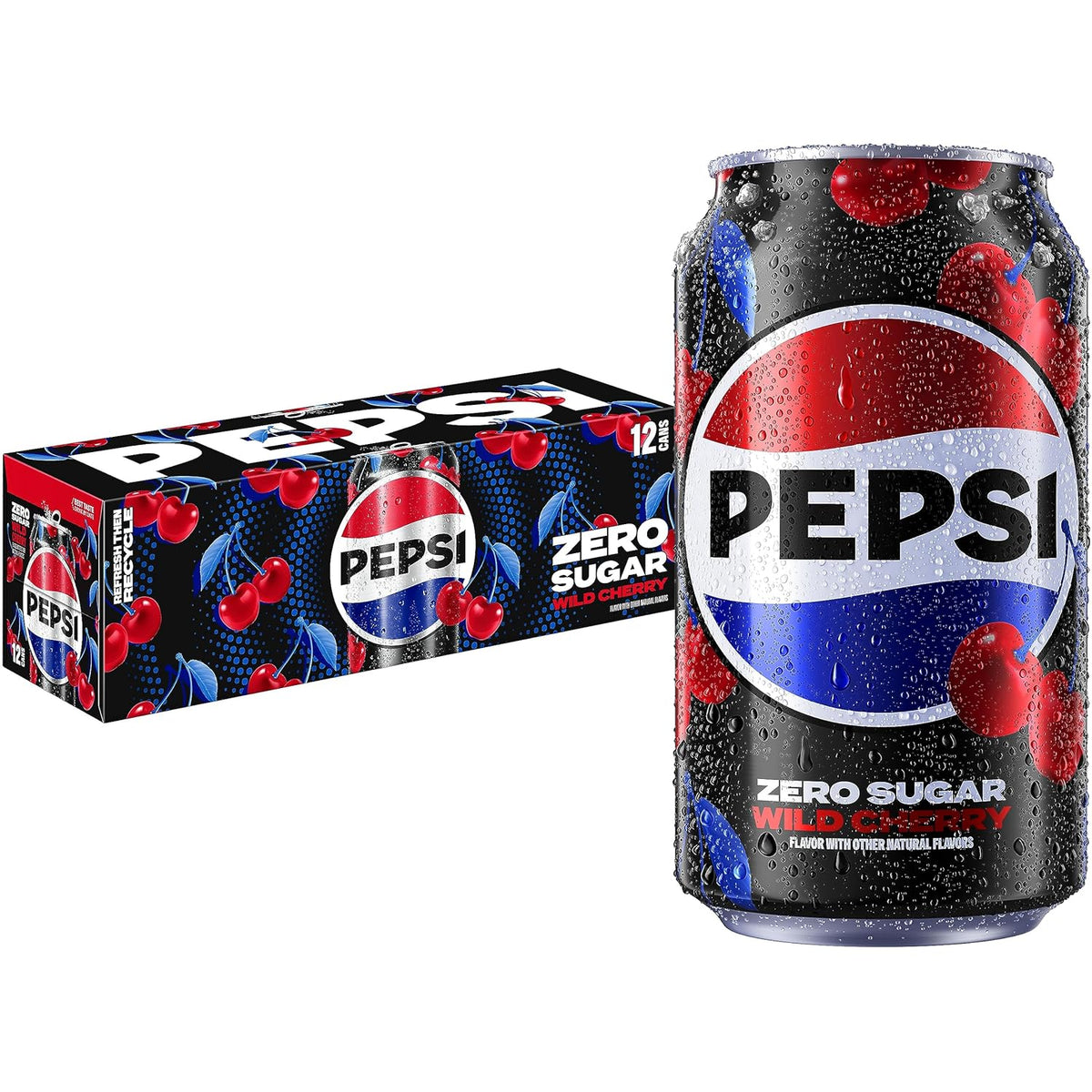Six Pepsi Zero Sugar Cola soda cans, 12 fl oz each, with blue and red branding, arranged on a plain background.