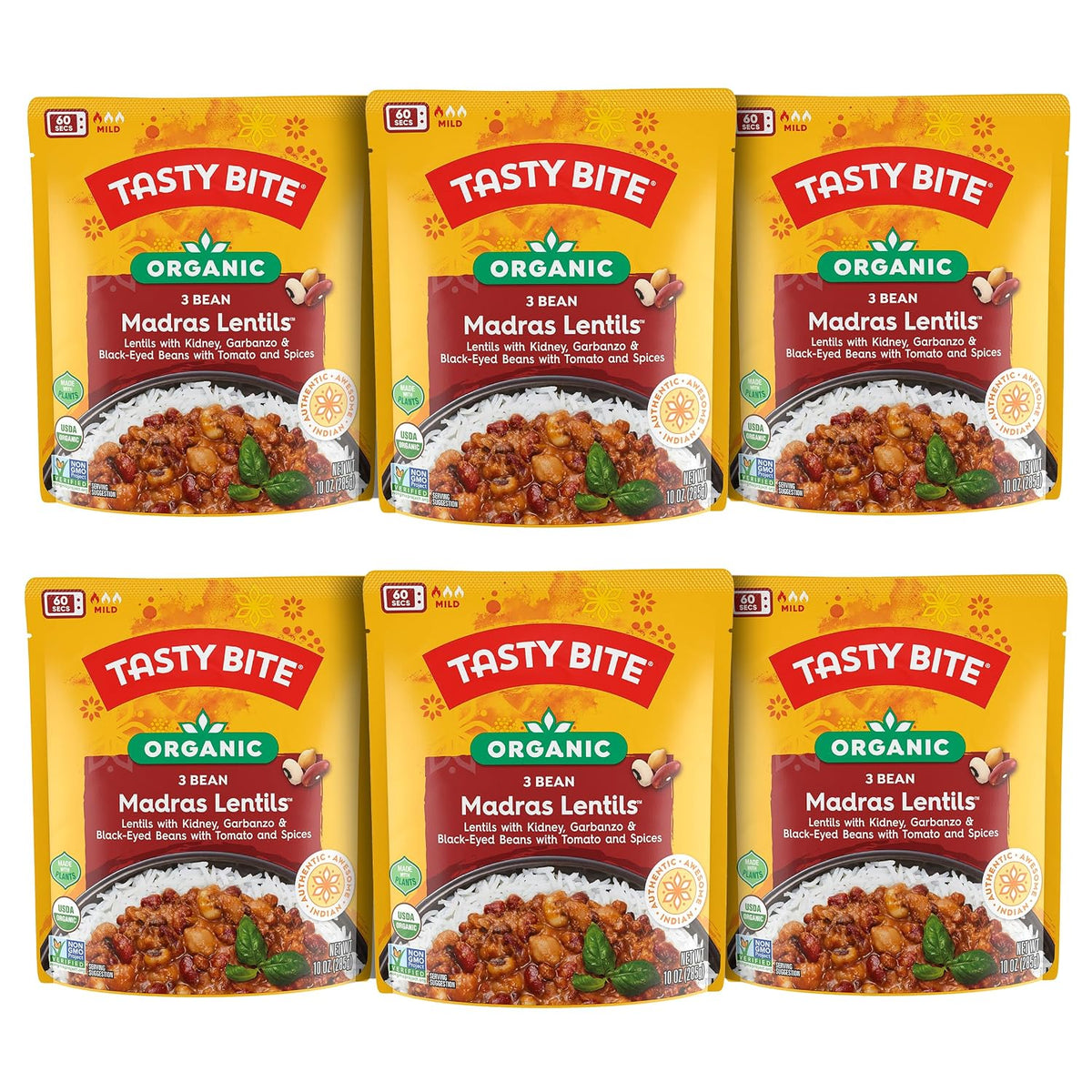 Microwaveable BACKUPMYFILESNOW Indian Bombay Potatoes entree in a 10-ounce pack, ready to eat, with a close-up of the prepared dish.