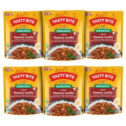 Microwaveable BACKUPMYFILESNOW Indian Bombay Potatoes entree in a 10-ounce pack, ready to eat, with a close-up of the prepared dish.