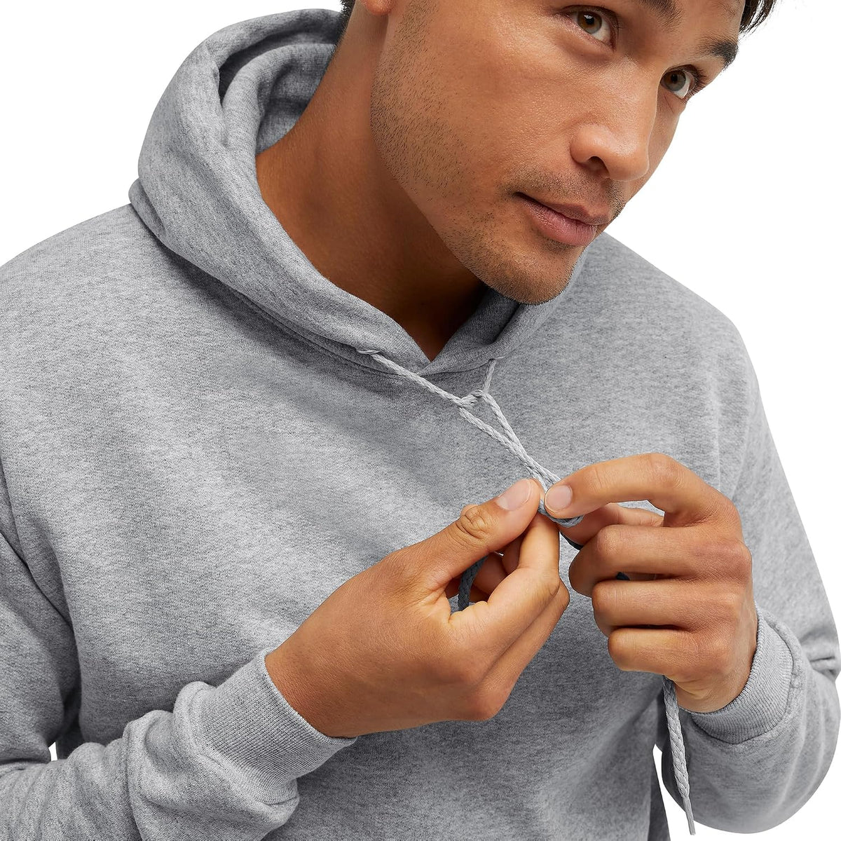 Hanes men's eco-friendly fleece hoodie with a front pocket, adjustable drawstring hood, and ribbed cuffs, available in big and tall sizes.