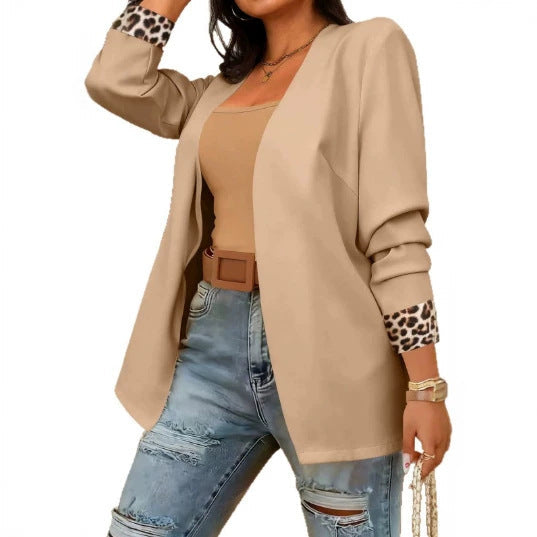 Women's leopard-print patchwork long-sleeve blazer by My Store