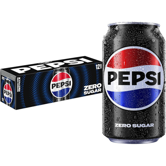 Pepsi Zero Sugar Cola Wild Cherry soft drink cans, 12 fl oz each, packed in a set of 12, with vibrant cherry-themed design.