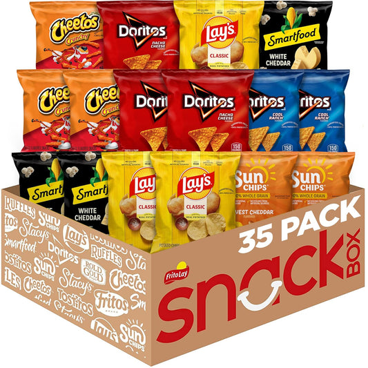 Assorted Frito-Lay snack chips variety pack featuring classic mix including Lay's, Doritos, Cheetos, and Ruffles in a single box