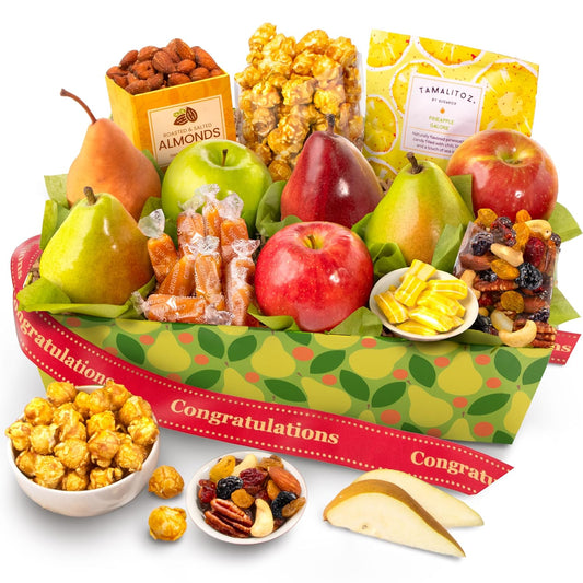 Fresh fruit gift basket by A Gift Inside featuring pears, apples, nuts, and sweet snacks in a colorful basket.