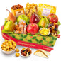Fresh fruit gift basket by A Gift Inside featuring pears, apples, nuts, and sweet snacks in a colorful basket.