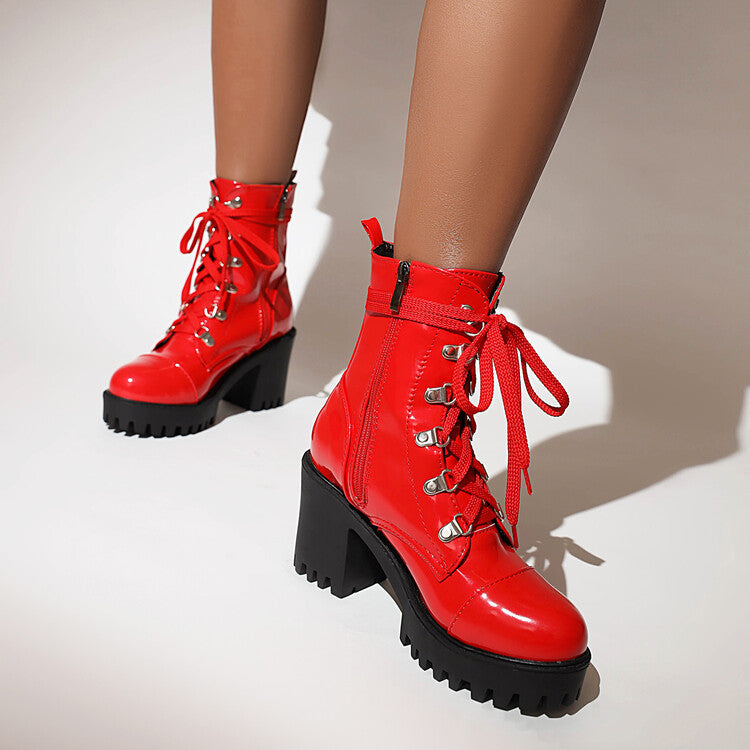 Patent leather chunky-heel riding boots with thick sole front detail