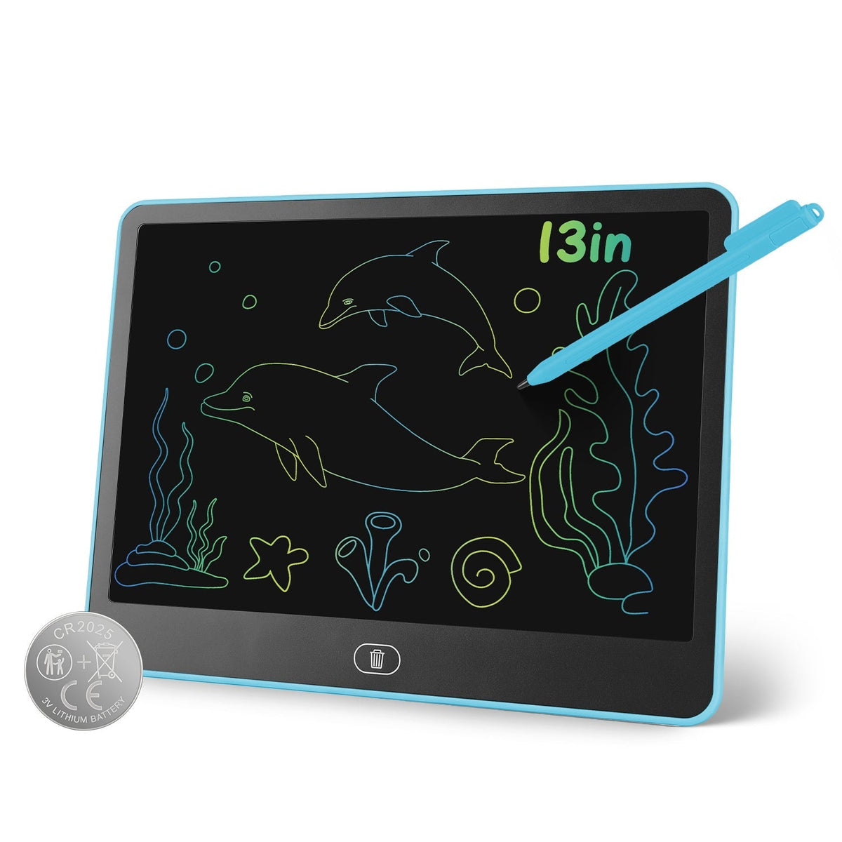 GBruno Store LCD writing tablet for kids with stylus and lock function, showing colorful drawing on a portable LCD screen.