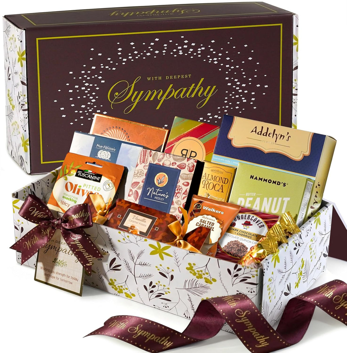 Broadway Basketeers sympathy snack gift box with assorted treats and condolence care package for comforting gestures