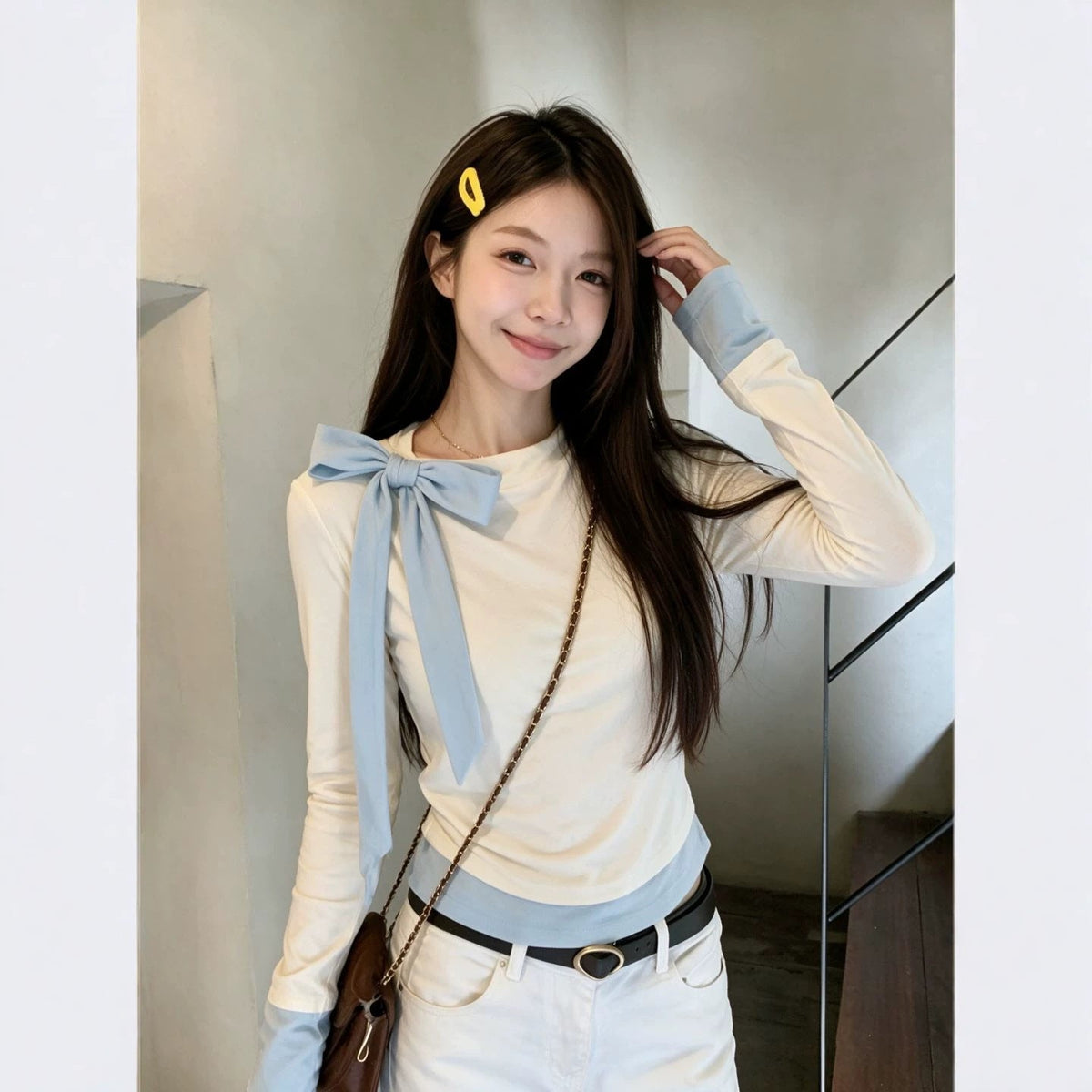 Light blue women's long-sleeved blouse with a bow detail by My Store