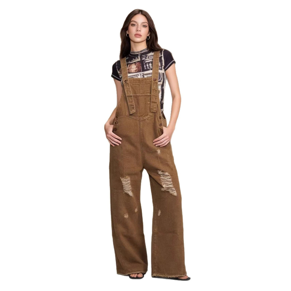 Women's retro loose-fit wide-leg denim overalls in blue with adjustable straps