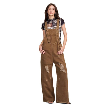 Women's retro loose-fit wide-leg denim overalls in blue with adjustable straps