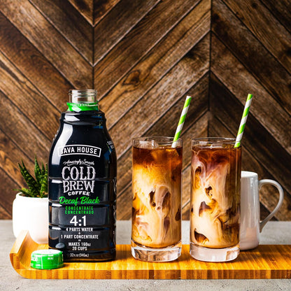 Decaf cold brew concentrate by Java House in a 91cm bottle, showcasing the dark coffee liquid ready for brewing.