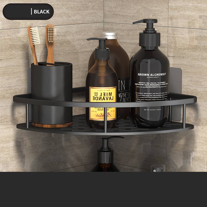 Black rectangular space aluminum wall shelf for kitchen and bathroom, dual-use hanging organizer
